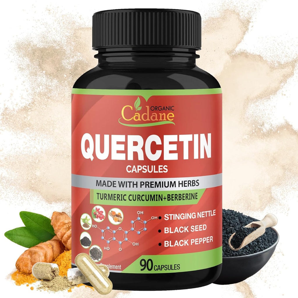 Bio Cadane Quercetin Extrakt Kapseln, 90 Kapseln, 3 Monate Versorgung mit Quercetin, Turmeric Curcumin, Berberine, Nettle, Black Seed Powder, Black Pepper.