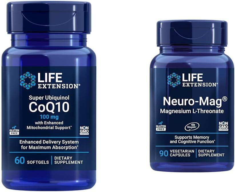 Extension de vie Super Ubiquinol CoQ10 avec soutien Mitochondrial amélioré et Neuro-mag Magnésium L-thréonate, Magnésium L-thréonate