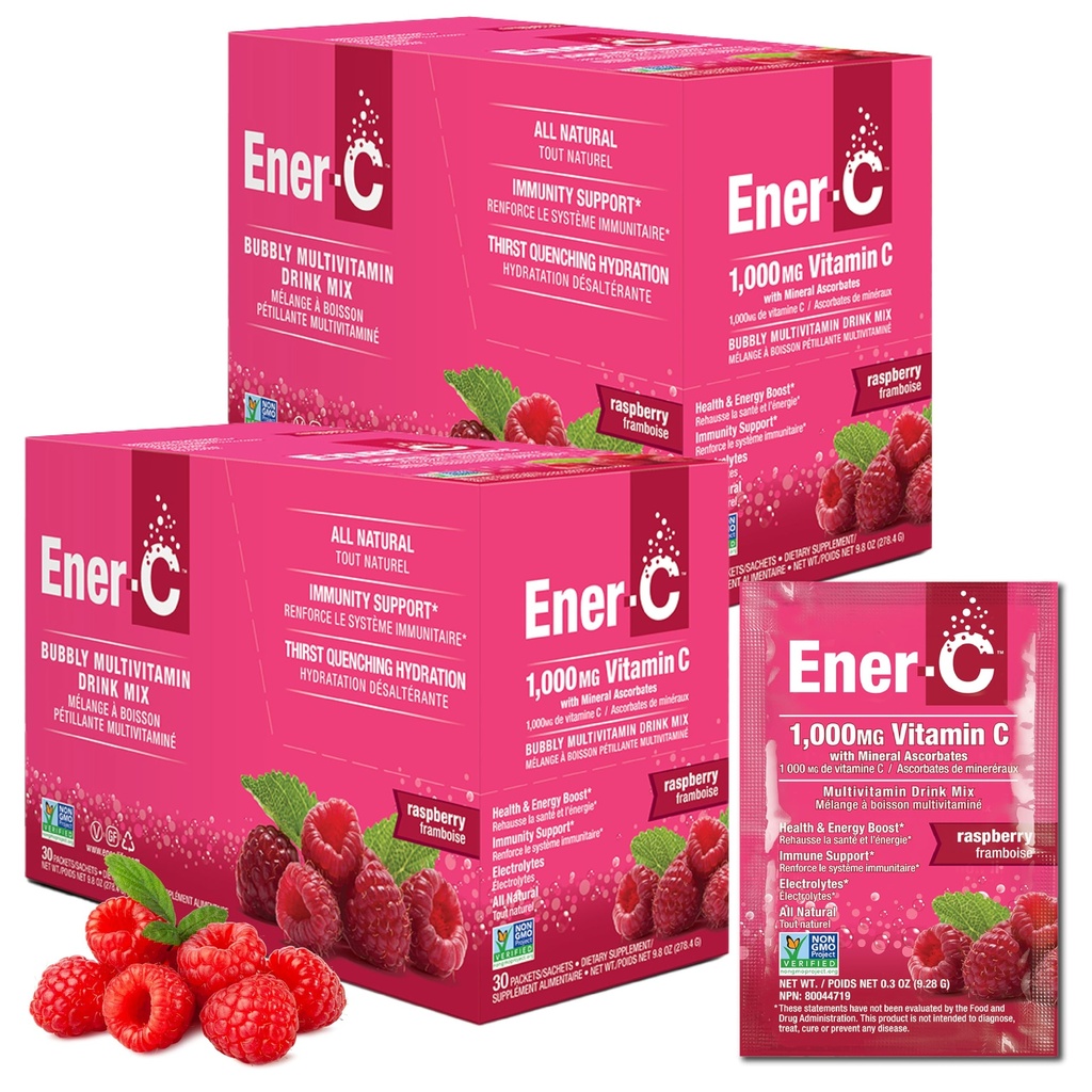 Ener-C Multivitamin Drink Mix - Vitamine Packets per acqua, Electrolytes Powder Packets, Vitamin Drink Mix, Hydration Liquid Mix, Booster immunitario per adulti, Energia sana - Raspberry, 60 Conte