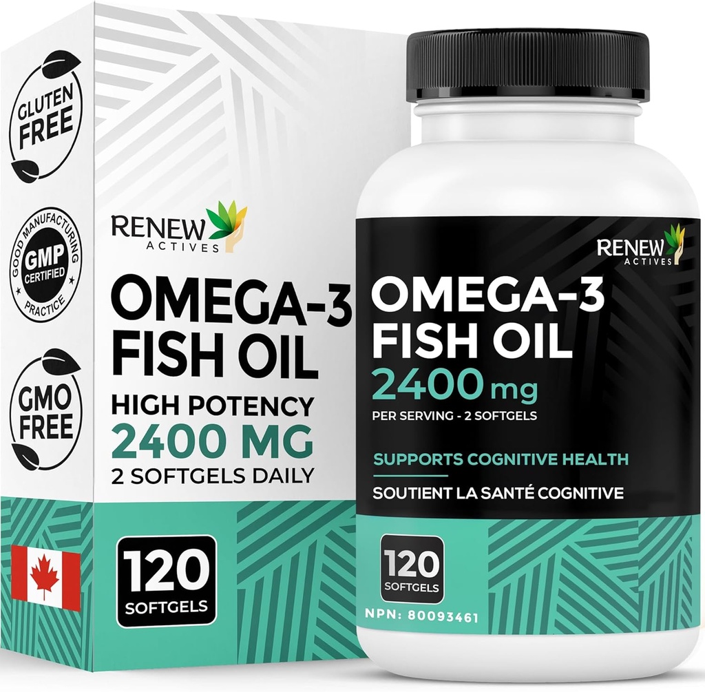 Erneute Wirkstoffe Omega-3 Fischöl 2400MG pro 2 Softgels - 720MG EPA & DHA - Unterstützt Herz, Gehirn, Augengesundheit, &amp; Triglyceridreduzierung - Kein Fisch Nachgeschmack - Made in Canada - 120 Softgels