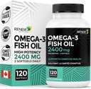 Erneute Wirkstoffe Omega-3 Fischöl 2400MG pro 2 Softgels - 720MG EPA & DHA - Unterstützt Herz, Gehirn, Augengesundheit, &amp; Triglyceridreduzierung - Kein Fisch Nachgeschmack - Made in Canada - 120 Softgels