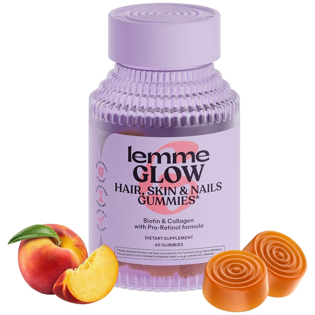 Lemme Glow Collagen Gummies per capelli spessi, chiodi forti e pelle sana con Peptidi multi-collageni, Biotina, Trace Minerals, Zinco, Vitamine A, C & E, Latticini & Gluten Free, Peach Flavor, 60 ct.