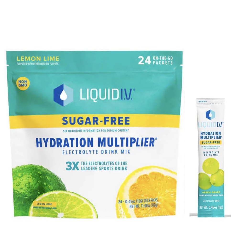 Multiplicateur d'hydratation sans sucre liquide I.V. - Lime citron – Packs en poudre d'hydratation, Mélange de boissons électrolytes, Stick simple à servir facile Non-OGM 24 Sticks + 1-0.45 sans sucre de raisin vert