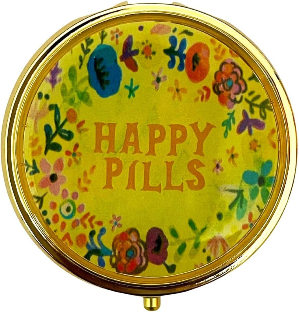 Retro Cute Pill Case Vintage Metal Pill Organizer Portable Compact Pill Box per Purse/Pocket per tenere le vitamine/Tylenol/Supplements/Fish Oil/Meds/Tablet(Porse felici con specchio,Round)