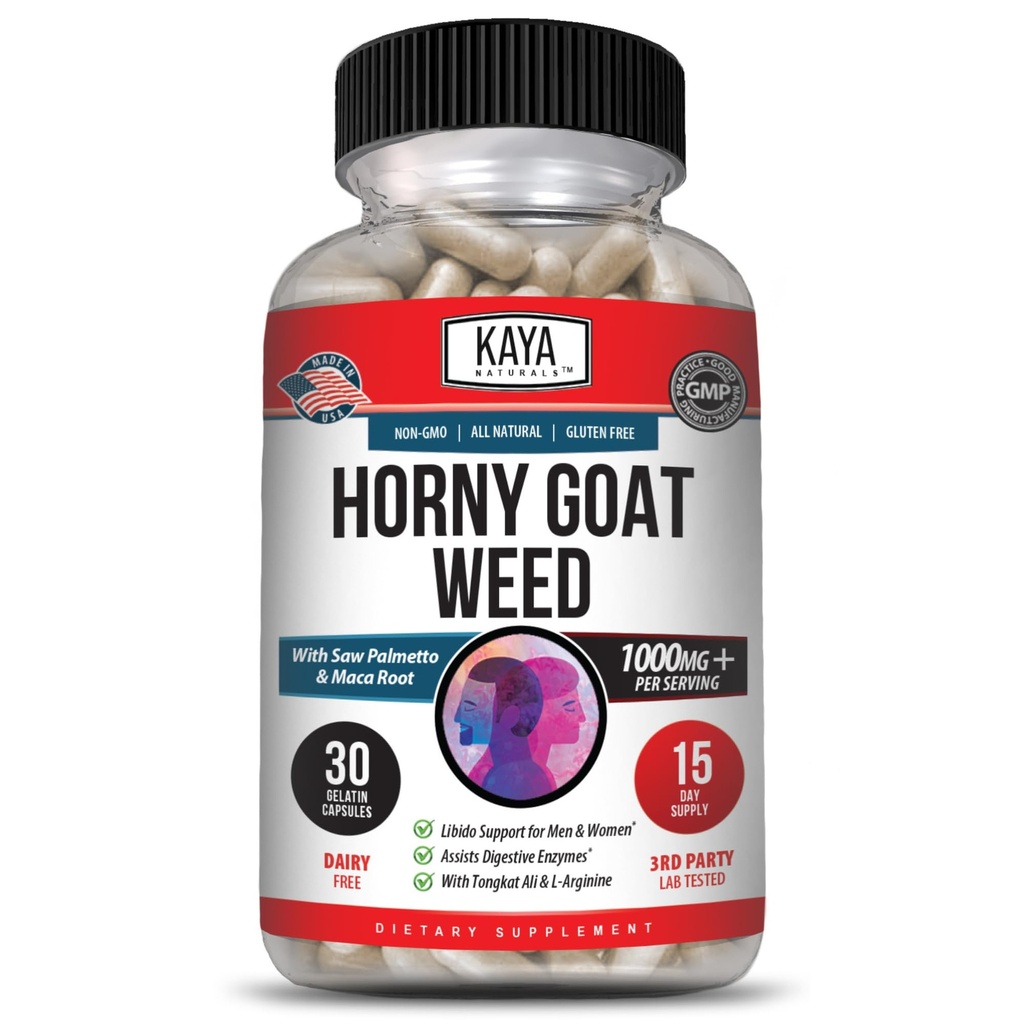Kaya Naturals Wead Horny Goat pour les hommes et les femmes - 1560mg Complexe avec Maca, Saw Palmetto, Ginseng, supplément de vitamine Arginine - Horny Goat Weed - 30 Comte