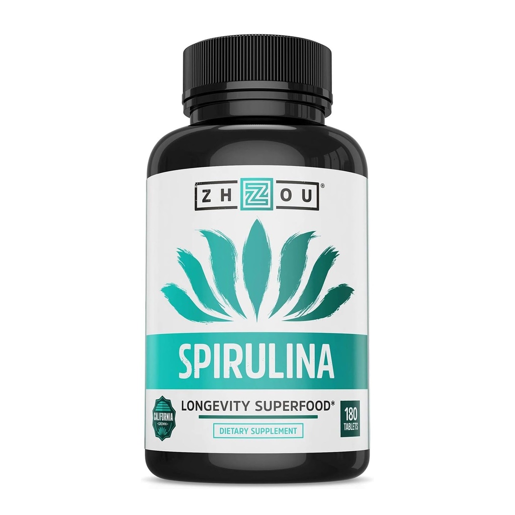 Zhou Spirulina Comprimés - Spirulina Pills, Greens Superfood Supplément avec Chlorophylle et Blue Spirulina Poudre Cognitive & Immmune Support, Pure Premium Formule - 180 comprimés