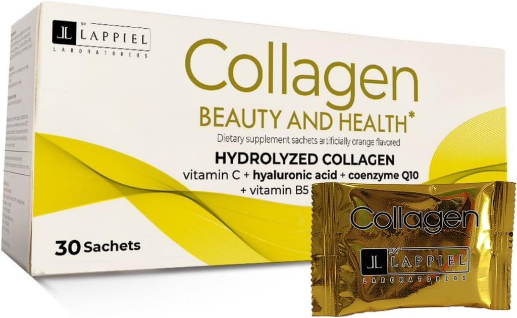 Peptidi di collagene idrolizzati 30 Pacchetti di polvere con vitamina C (1000mg) e acido ialuronico, che supporta capelli, pelle, unghie e giunti, aroma d'arancia, 30 Serve
