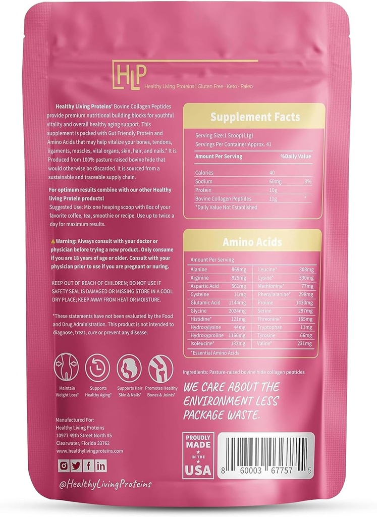 Proteine viventi sane - Collageno proteico bovino idrolizzato Tipo I & III - Polvere di collagene non aromatizzata - A base di erba, Peptidi di bovini rasati di pasta - Keto & Paleo, Gluten Free (10 oz (Pack of 1)