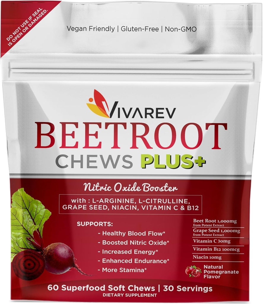 Supplément à l'oxyde nitrique de betterave - 1000 mg de poudre de betterave avec L Arginine, L Citrulline, Extrait de graines de raisin, Niacine, Vitamine C & B12 - Poêles de betterave - Boîte de 60