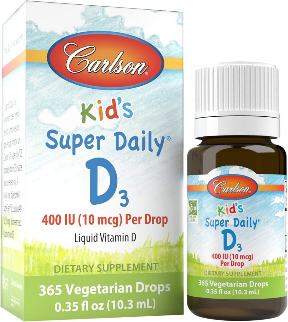 Carlson - Kid's Super Daily D3, Kinder Vitamin D Tropfen, 400 IU (10 mcg) pro Tropfen, Herzgesundheit, Immununterstützung, Vegetarisch, Flüssiges Vitamin D Tropfen, entflammt, 365 Tropfen