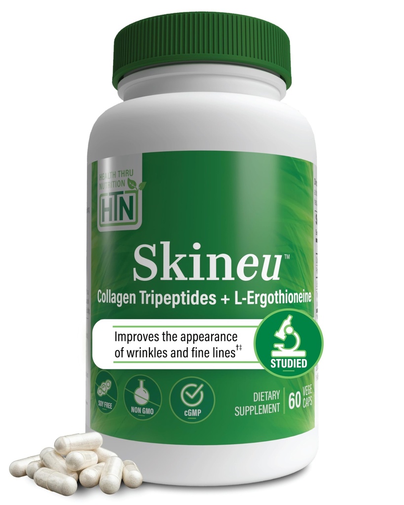 Skineu Collagen Tripeptide + L-Ergothioneine | Advanced Anti-Aging Formula | Morikol® Marine Collagen | Supporta l'idratazione della pelle, elasticità & Joint Health | Non-GMO & Gluten-Free | 60 VegeCapsules