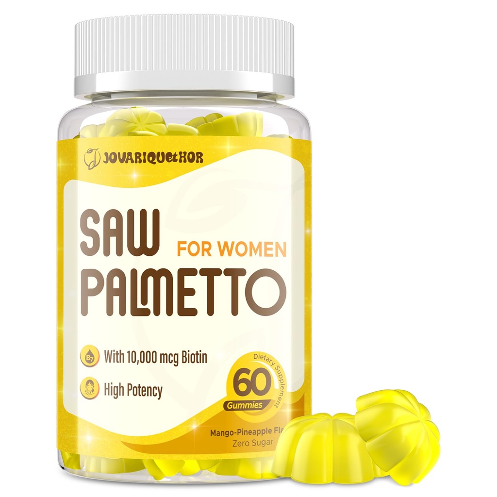 Saw Palmetto für Damen - DHT Blocker Haarwachstumsergänzung - 500mg Potent Saw Palmetto Gummis für Haar, Haut, Nägel, Urinary Wellness - Mango-Pineapple Flavor - 60 Gummis