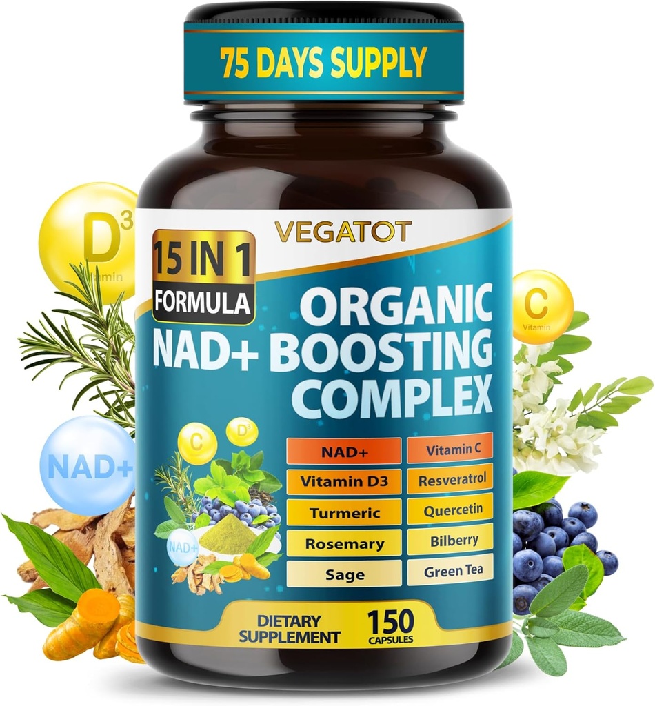 VEGATOT NAD+ Boosting Complex - NAD Ergänzungen für Damen und Herren 15-in-1 Formel mit Resveratrol Turmeric Quercetin Rosemary Bilberry Sage Grüner Tee