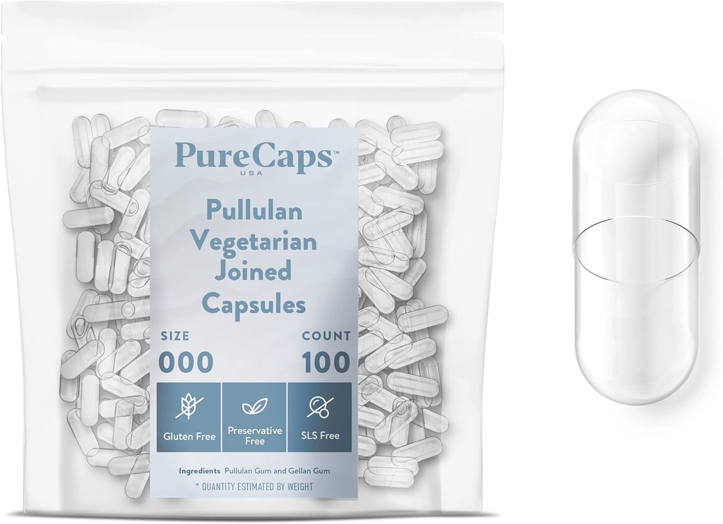 PureCaps USA - Empty Vegetariano Vegan Pullulan Pillole Capsule Dimensioni 000 | 1.000 Pillole Unite| Clear| Certificato Non OGM | SLS, Gluten, Preservative Free