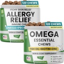 Allergie Relief Chien Chews + Omega Fish Oil - Démangeaison de la peau avec/Probiotiques + Omega 3 + Colostrum, Omega Skin & Coat Supplément Chews