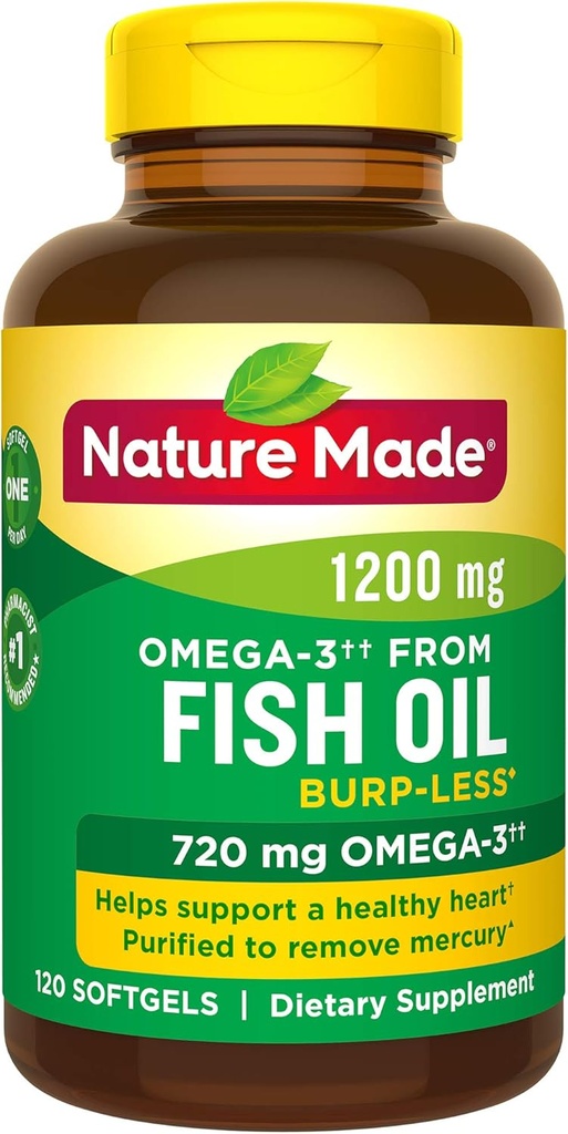 Burp-Less Fischöl 1200 mg Ein pro Tag, 120 Softgels, Fischöl Omega 3 Supplement für Herzgesundheit