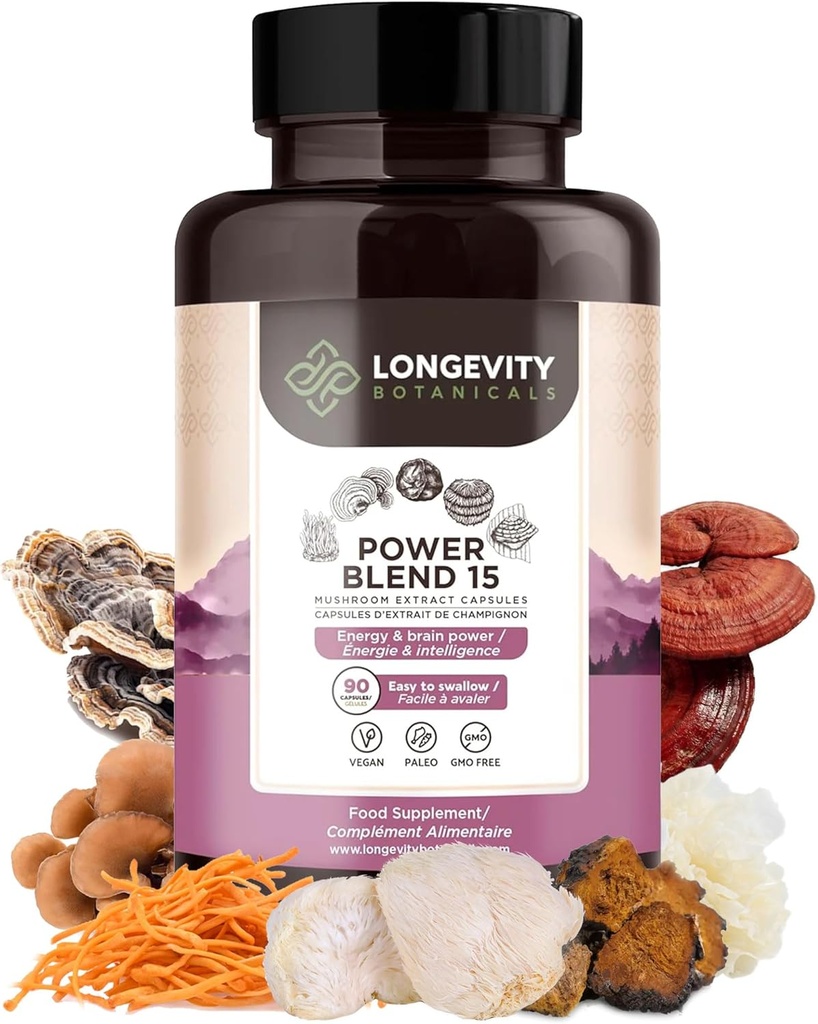 Power 15 Mushroom Blend Kapseln Supplement (90) | High Strength Extract Complex | With Lions Mane, Turkey Tail, Cordyceps, Reishi, Chaga & Tremella | 20% Beta-D Glucans | Immunität und Vitalität Unterstützung