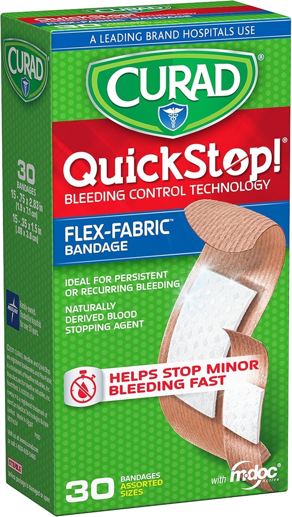 CURAD QuickStop Bleeding Control Flexible Stoffbänder, sortierte Größen, 30 Zähler
