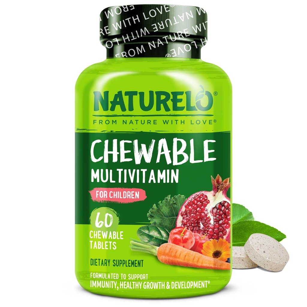 NATURELO Kaubares Vitamin für Kinder Multivitamin mit ganzer Bio-Fruchtmischung - 60 Tabletten für Kinder