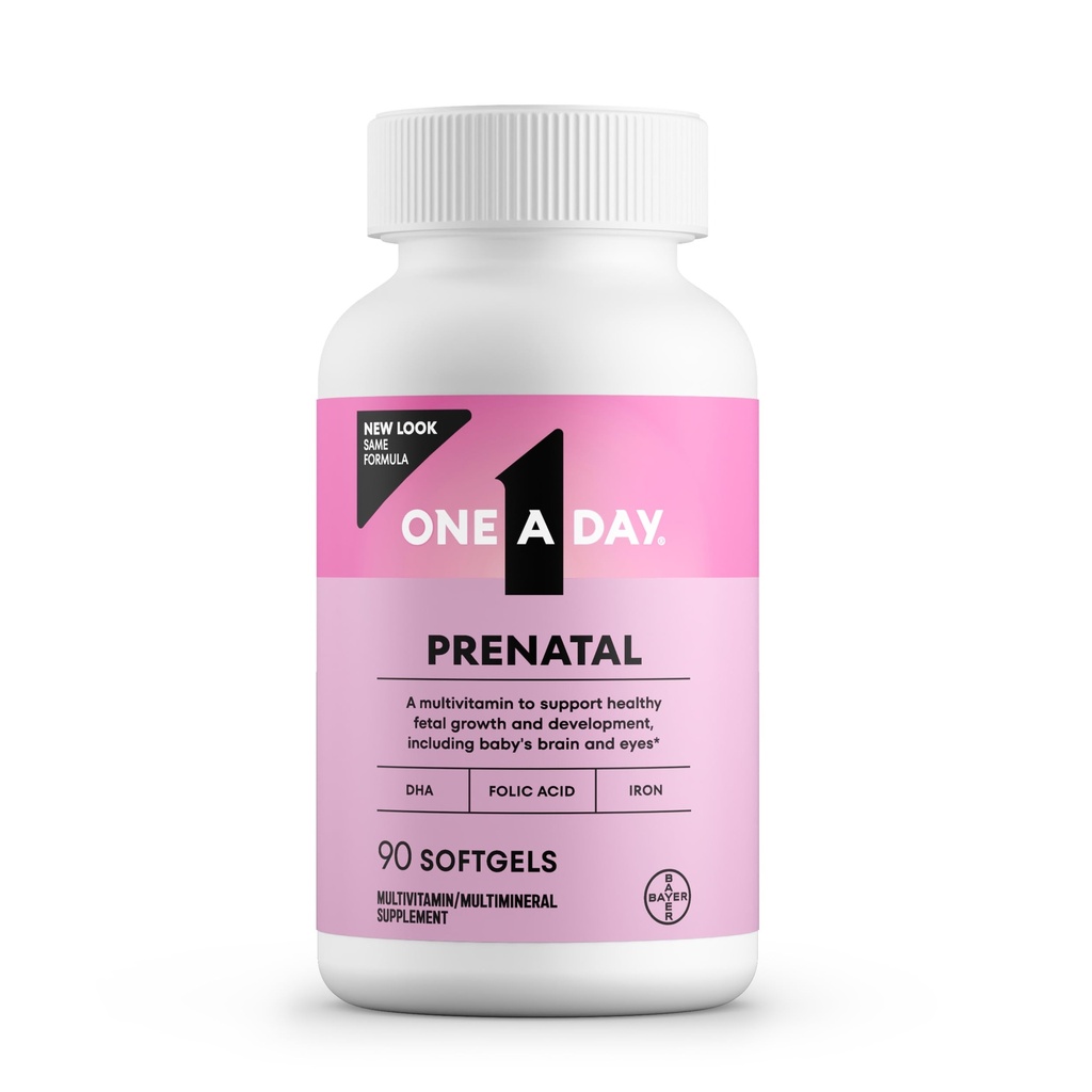 One A Day Prenatal Vitamins- Folic Acid, Iron, Omega- 3 (DHA), Pregnancy Vitamins for Women, Prenatal Multivitamin for Mom and Baby Support, Pregnancy Must Haves 90 Ct (Packaging May Vary)