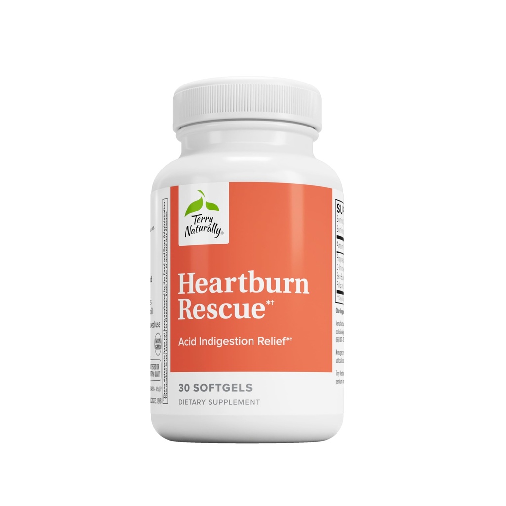 Terry Naturally Heartburn Rescue - Nahrungsergänzungsmittel für Säure Verdauungshilfe - Verdauungshilfe mit D-Limonene & Sea Buckthorn - Aids Occasional Heartburn Relief - 30 Softgels
