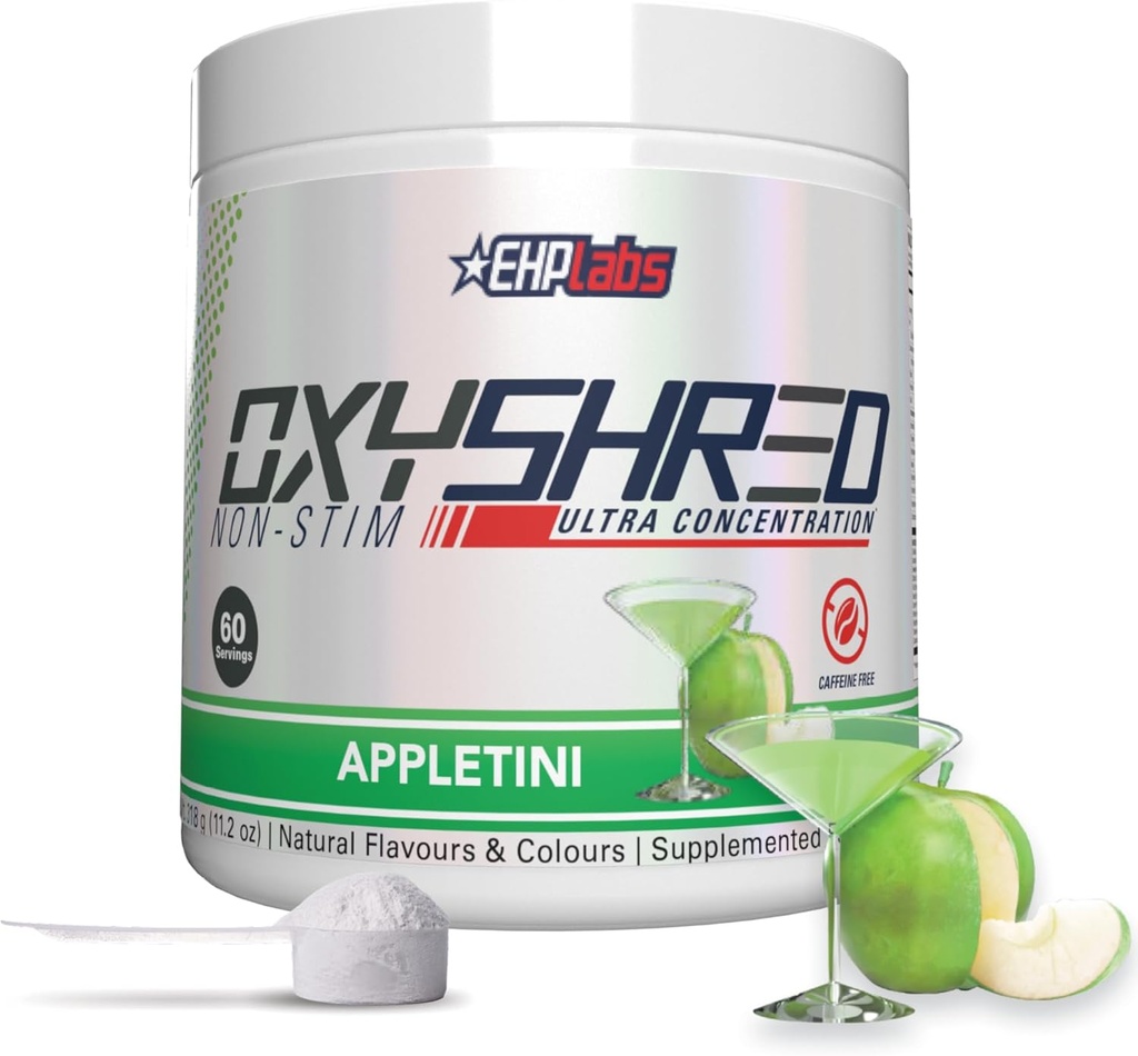EHP Labs OxyShred Non Stimulant Pre Workout Powder - Stim Free Pre Workout, Koffein Free Preworkout für Männer und Frauen mit L Glutamine & Acetyl L Carnitin - Apple, 60 Servierungen