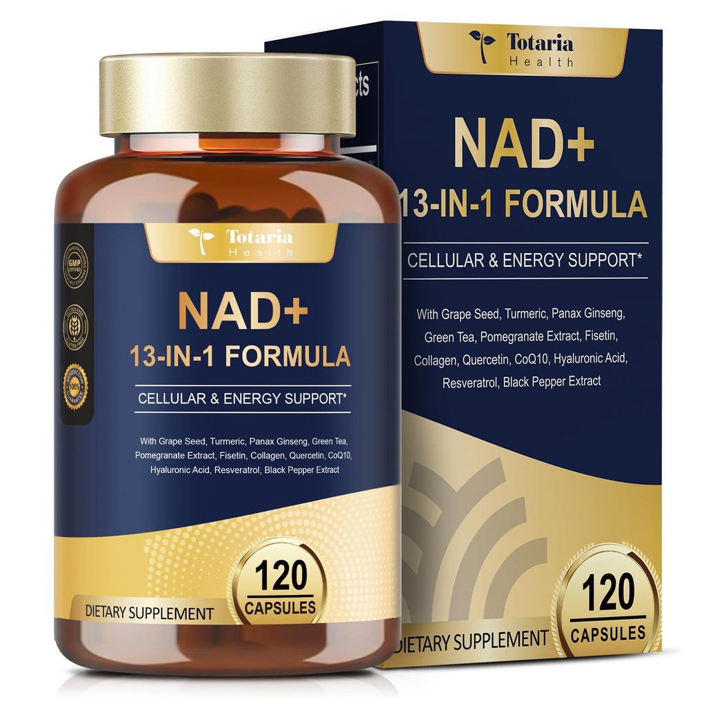 Totaria NAD Supplément pour femmes Hommes avec nicotinamide riboside resvératrol, Quercetin, Betaine Boost NAD+ Niveaux NAD Plus Supplément pour Anti Vieillissement, Énergie, Immune, Focus 120 Capsules