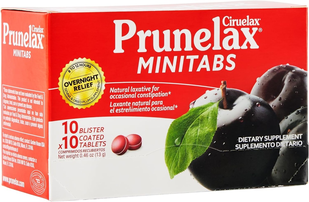 Prunelax Ciruelax Reguläre Stärke Laxative Mini Tablets - Übernachten Relief für okzionale Verstopfung, Senna Extract, Vegan & Glutenfrei, Sanftes Relief - 100ct