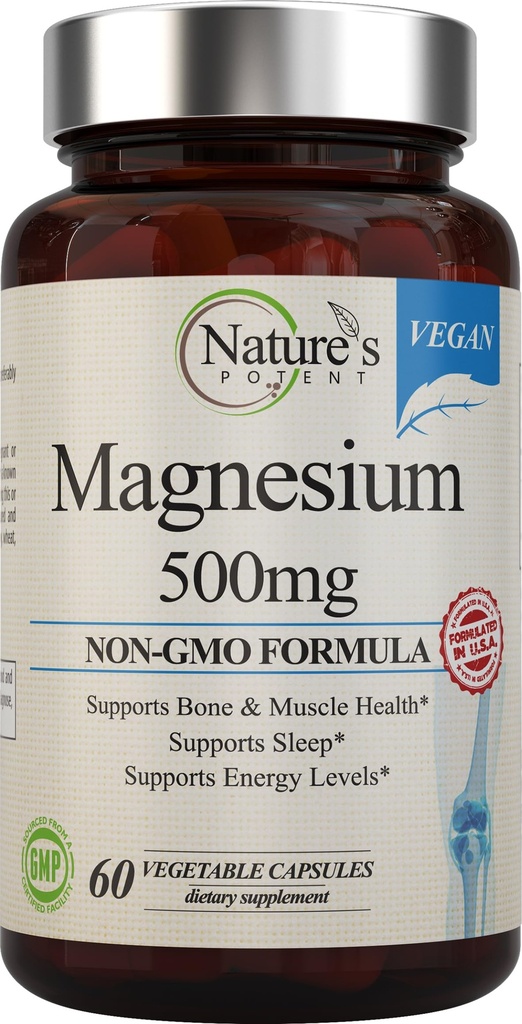 Nature's Potent Magnesium Supplements | Magnesium Citrat & Magnesiumoxid 500mg | Vegan Magnesium Supplement für Damen & Herren | USA Made Magnesium for Sleep Support - 60 Veggie Capsules