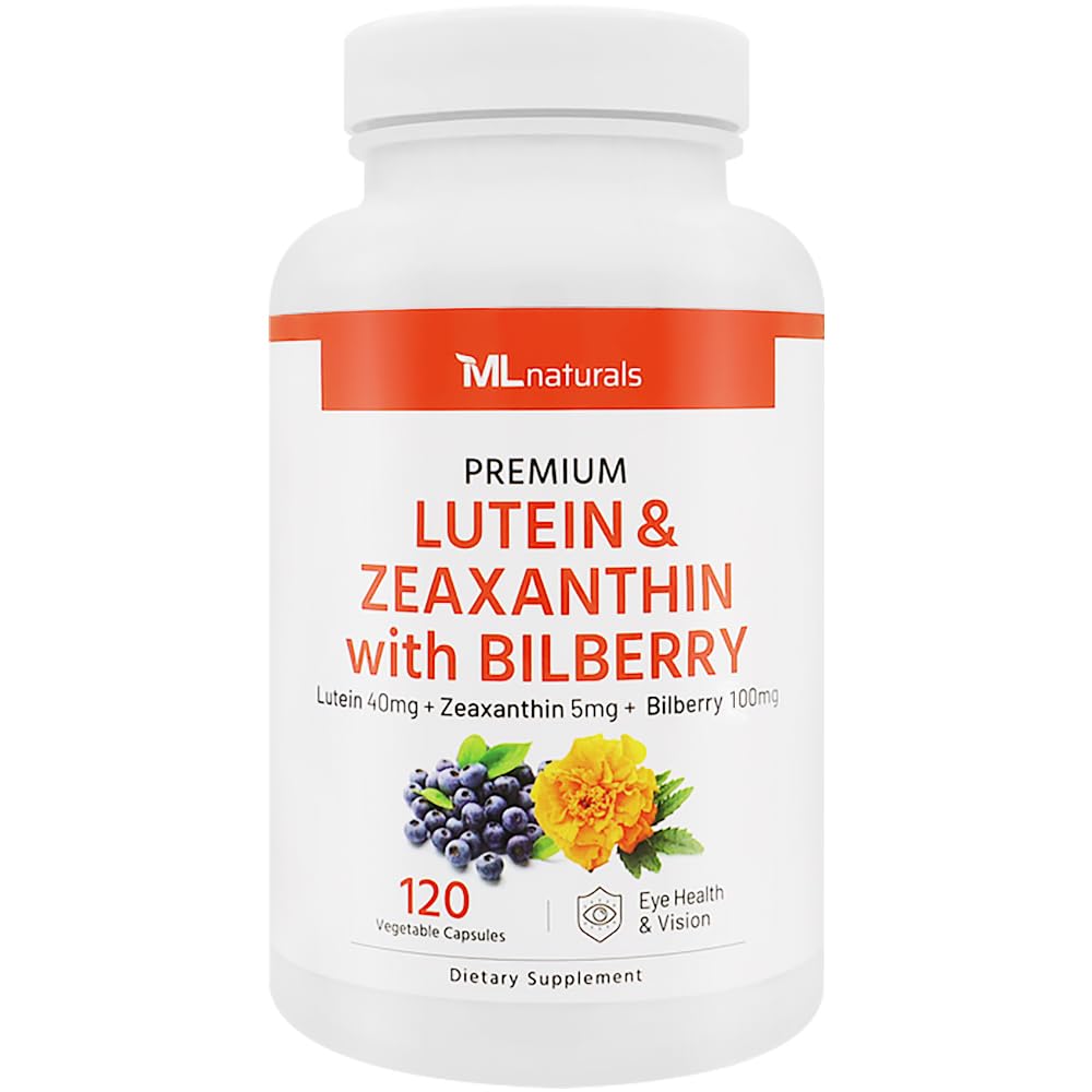 ML Naturals Premium Lutein & Zeaxanthin mit Bilberry 120 Gemüsekapseln. Lutein 40 mg, Zeaxanthin 5 mg und Bilberry 100 mg. Premium-Qualität. Gesunde Augen & Vision, NSF-zertifiziert & cGMP-Compliant