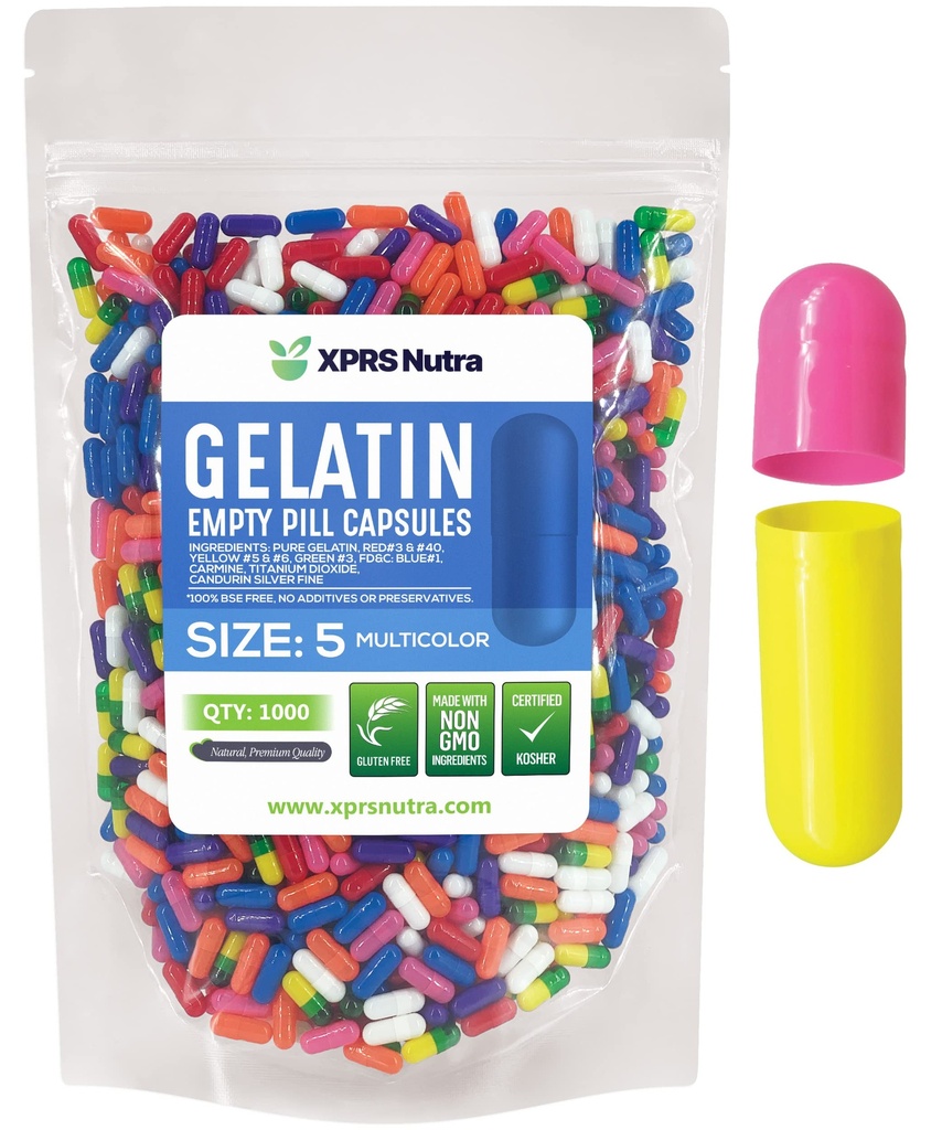 XPRS Nutra Taille 5 Capsules vides - 1000 Compte très petites Capsules de gélatine vides - Pills Bricolage Capsule Remplissage - Gel de pilules rempliss pour Do-It-Youlf Vitamine Suppléments (Multi Color)