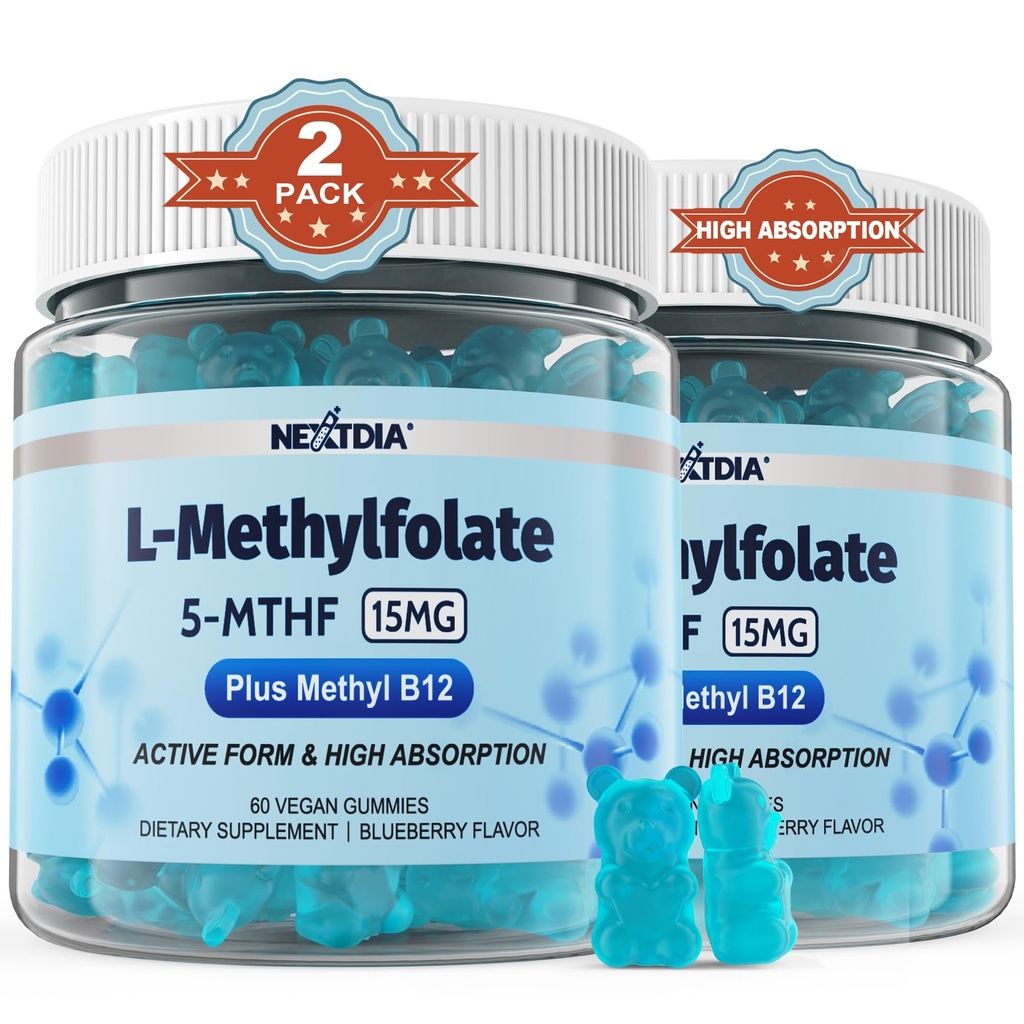 L-metilfolato 15mg & Methyl B12 Gummies, Methylated B1, B2, B6 Multivitaminici - Attivo 5-MTHF & Alto assorbimento - Supporta MTHFR Gene, Cognizione, Livelli di Homocysteine, Metabolismo di Folate, Vegan, 120 Cts
