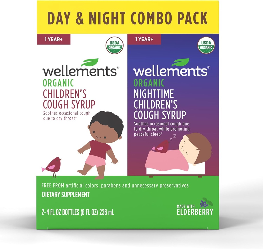 Wellements Organic Day & Nighttime Children's Cough Combo Syrup | Soothing Daytime & Nighttime Cough Relief USDA Organic | Value Pack (2) 4 Fl Oz. Bottles, 1 Year+