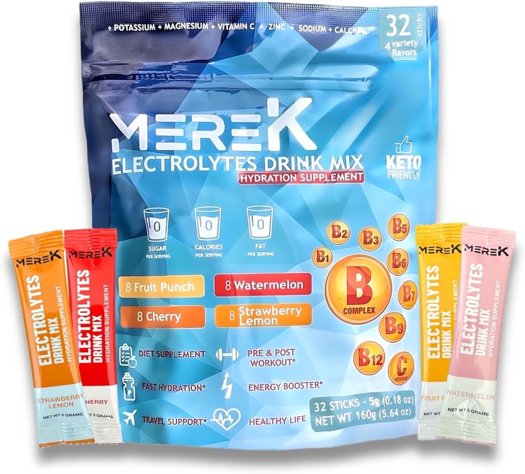 mereK polvere di idratazione elettrolitica completa 32 sacchetti facile aperto Single-Serving perfetto per allenamento essenziale per l'idratazione quotidiana non ha bisogno di zucchero, senza calorie, Keto Friendly