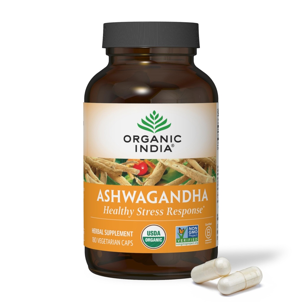 ORGANIC INDIA Ashwagandha Capsules - Organic Ashwagandha Supplement - Vegan Ashwagandha Root, Gluten-Free, Kosher, Non-GMO, unterstützt Stress Relief, Energie und Schlaf - 180 Kapseln