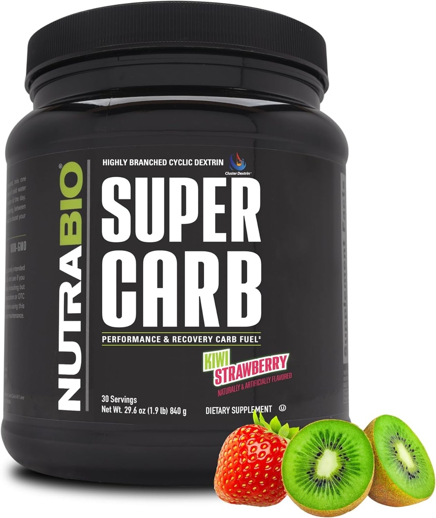NutraBio Super Carb, Polvere di Carboidrato con Dextrin & Electrolytes di Cluster, Polvere di supplemento di Carb avanzata per allenamento, prestazioni e recupero del muscolo, Dextrin di Ciclic, Fragola di Kiwi, 30 Sv