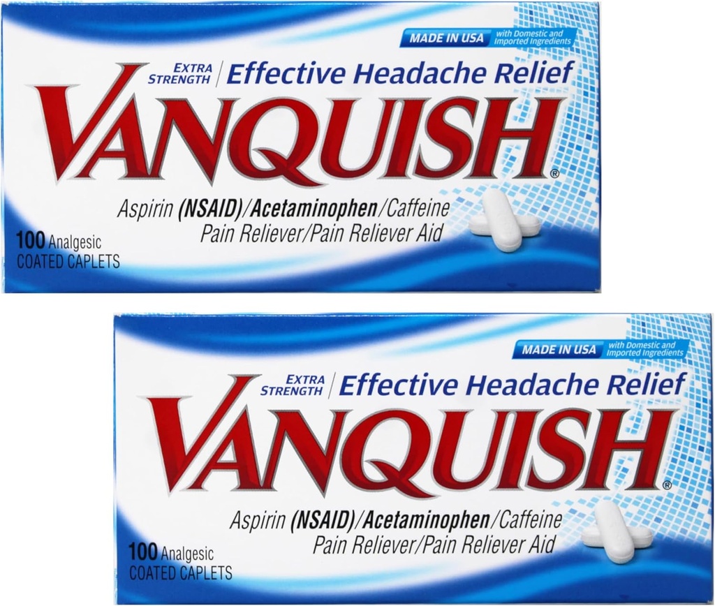 Vanquish Extra Strength Mal de tête et soulagement de la douleur, avec l'acétaminophène, l'aspirine et la caféine.