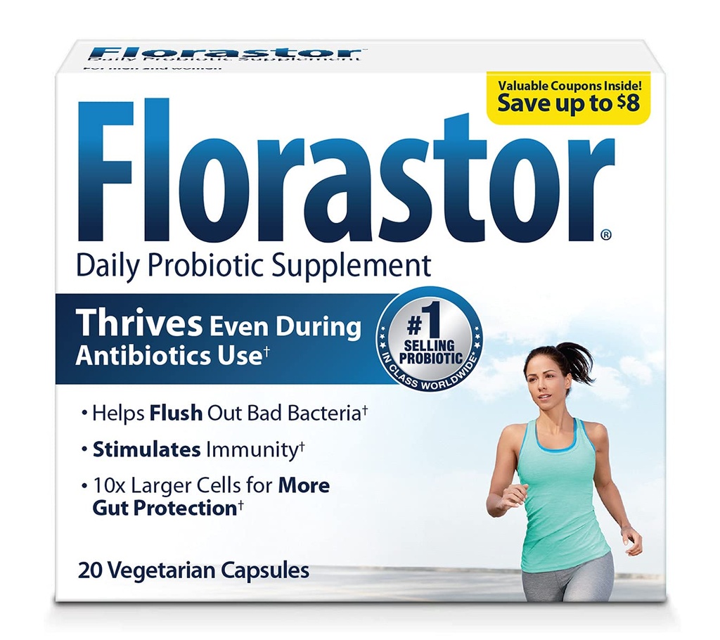 Florastor Probiotici per la salute digestiva e immunitaria, 20 capsule, probiotici per le donne e gli uomini, azione doppia aiuta a eliminare i batteri cattivi &amp; aumenta il bene con la nostra unica varietà Saccharomyces boulardii