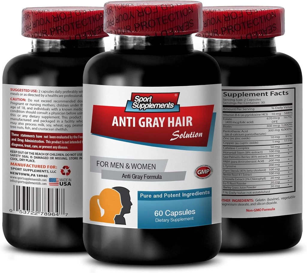 Catalase complexe anti-gray pilules capillaires - ANTI-GRAY HAIR SOLUTION - puissant antioxydant pour la croissance des cheveux, maintenir la couleur naturelle des cheveux, prévenir le graissage, nutriments essentiels, 1 bouteille, 60 capsules