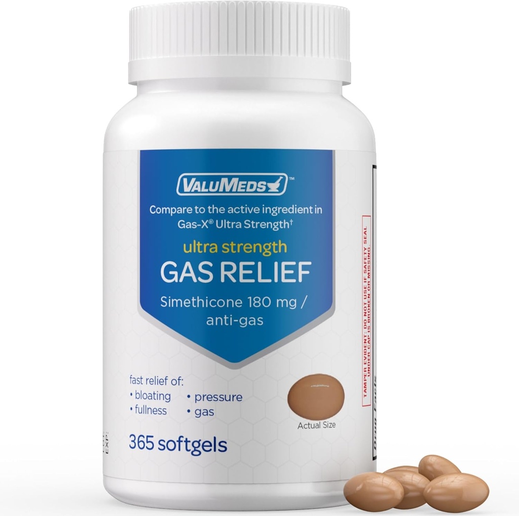 ValuMeds Gas Relief per Adulti Simethicone | Relieve Bloating, Dolore, Discomfort e Irregolarità | Rispetto all'Ingrediente Attivo in PHAZYME e Gas-X (365 Conta - 180mg)