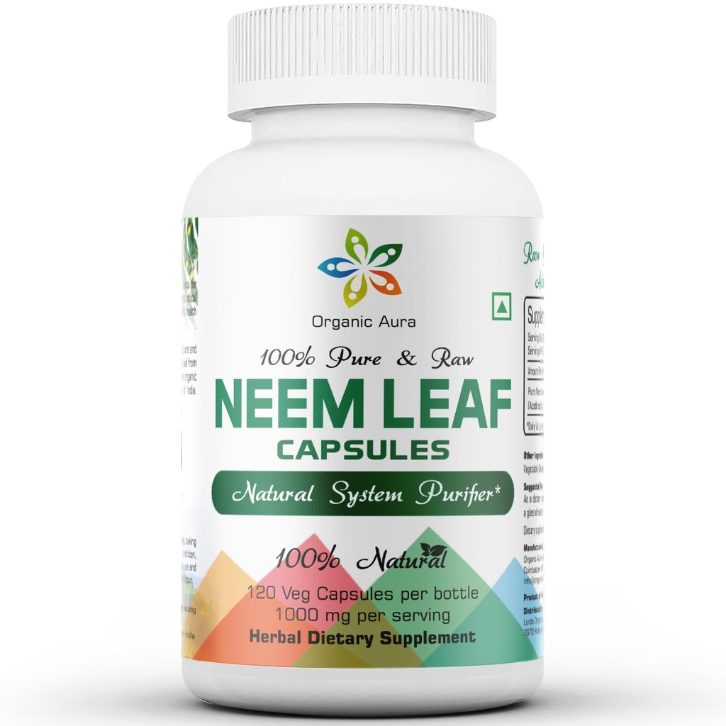 Capsule Aura Neem Organici. 100% puro e potente. Raw Green Whole Superfood. Realizzato con Whole Spectrum Neem Leaves. Agente di disintossicazione del miracolo, pelle e immunità raggiante.