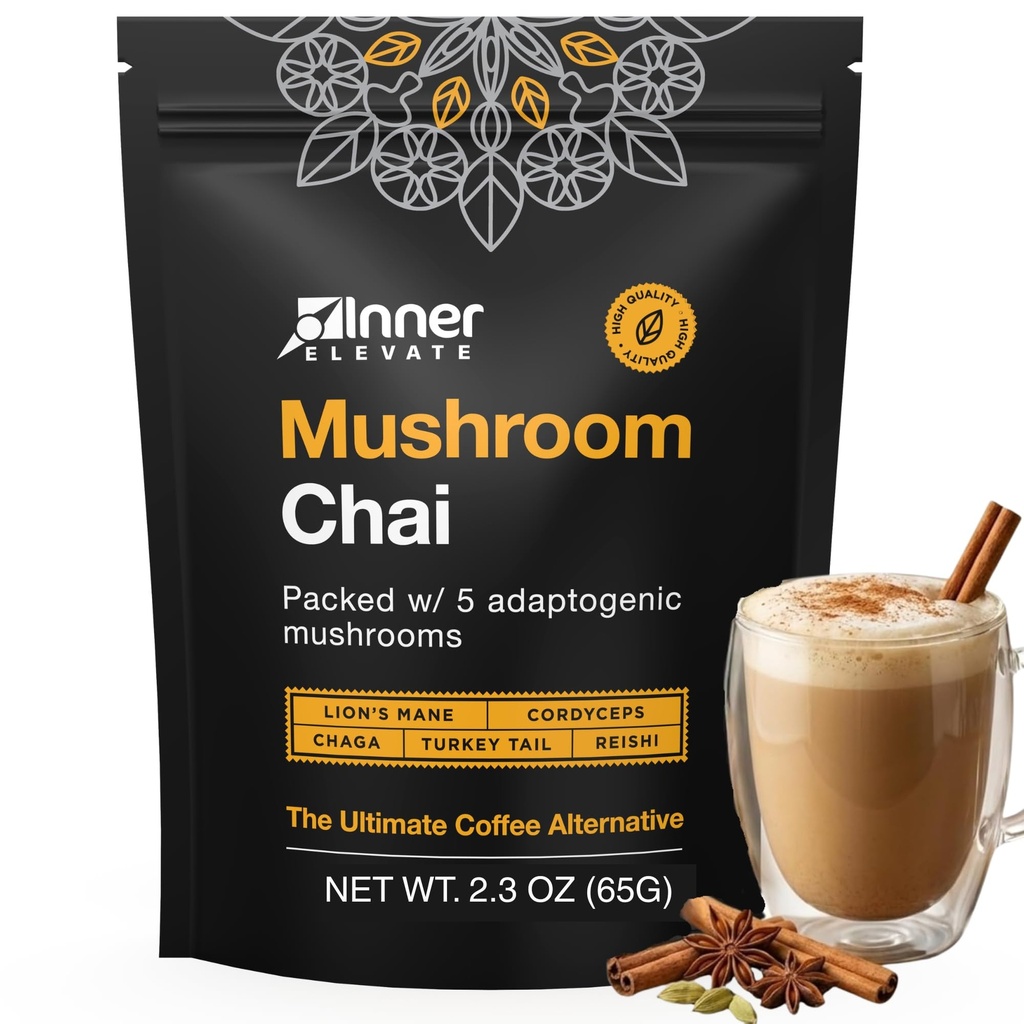 Inner Elevate Superfood Mushroom Chai - Ultimate Coffee Alternative - Adaptogenic Mushroom Tea Drink con Lion's Mane, Cordyceps, Chaga, Reishi, Turkey Tail (35 Servings)