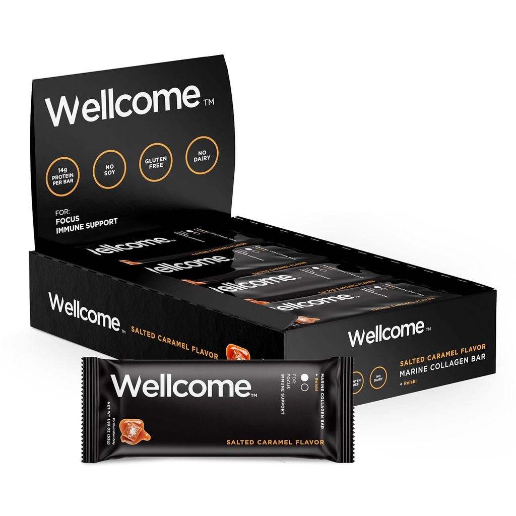 Wellcome Salted Caramel Marine Collagen Protein Bar mit Reishi Pilz für Energie und Immununterstützung - Adaptogenic Snack Bar - Dairy Free Health Bar für Functional Active Lifestyle (Pack von 12)