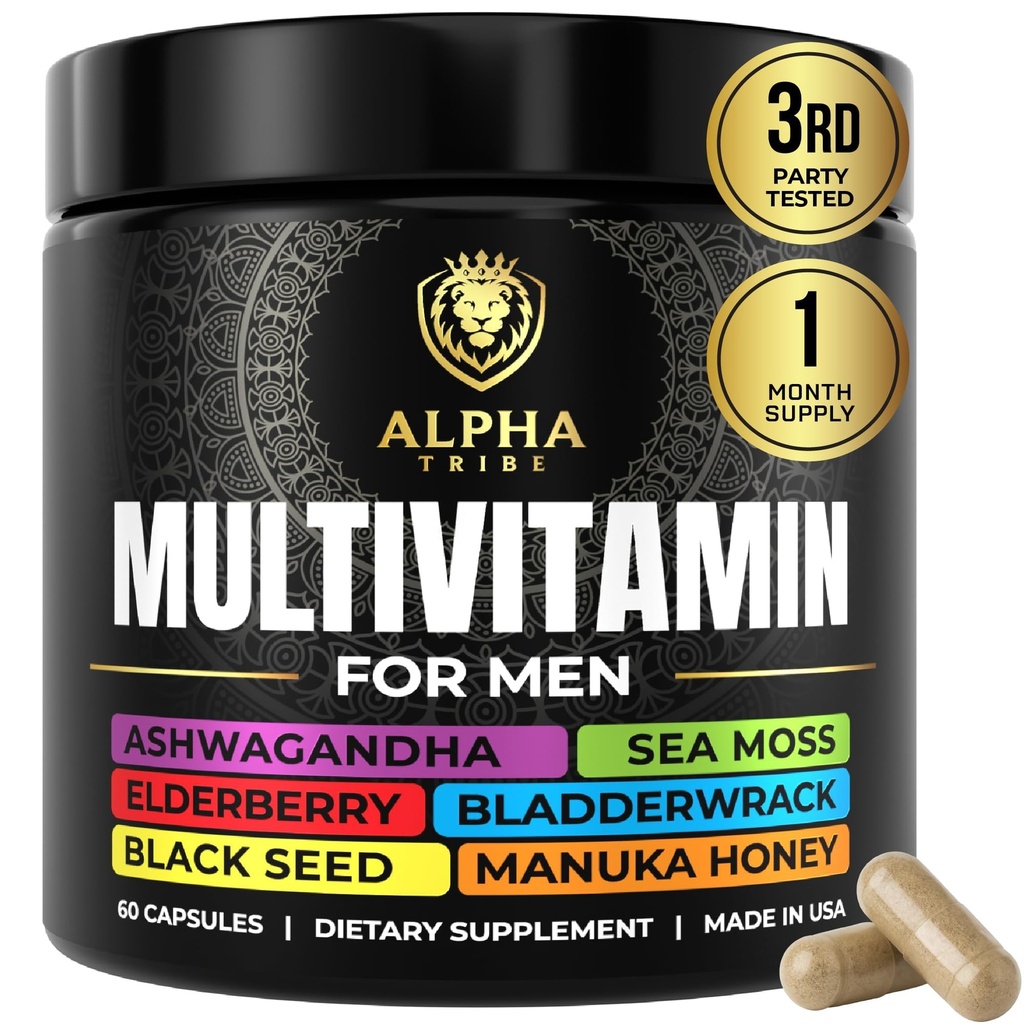 Alfa Tribe Multivitaminico per gli uomini con Seamoss Black Seed Oil Ashwagandha Burdock Root, Turmeric Bladderwrack, Vitamina C, Elderberry, Manuka, Giallo Dock | Vitamine e Minerali Men's Supplemento