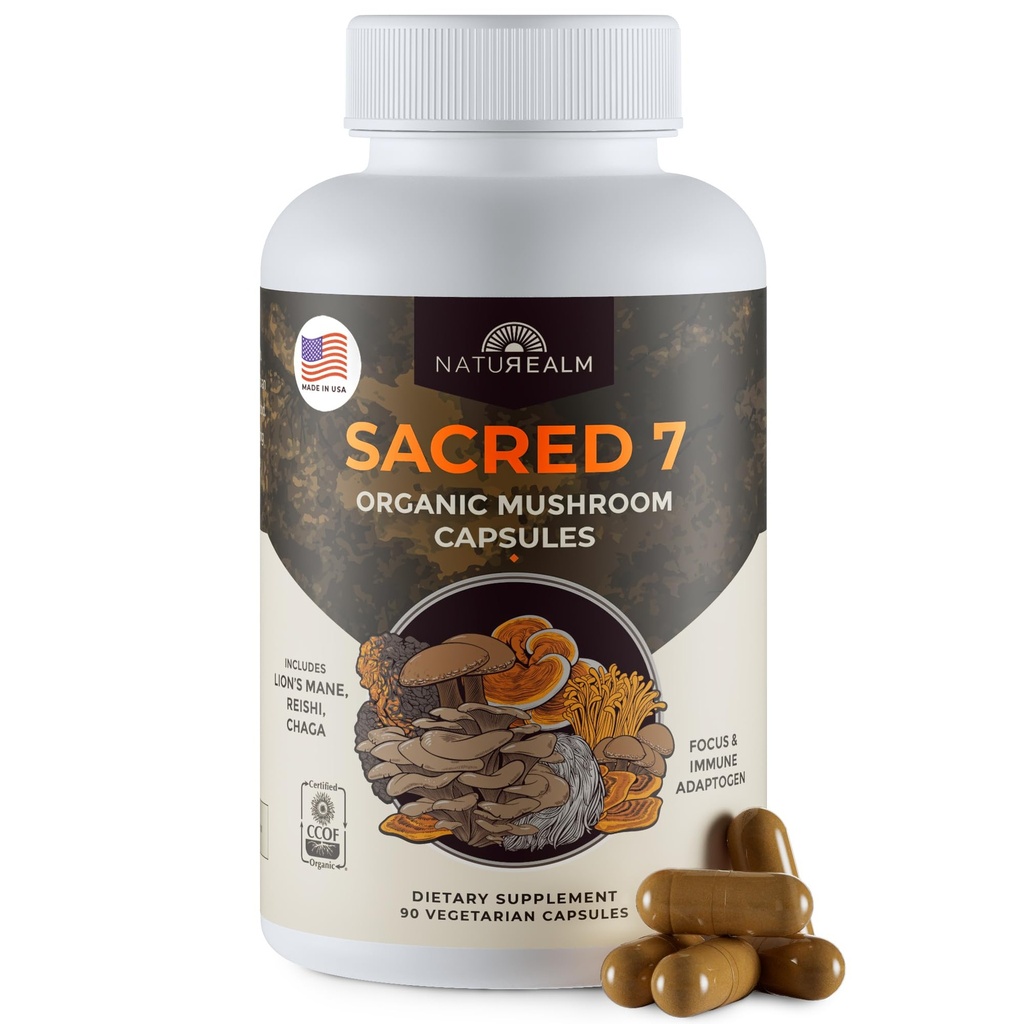 Naturealm Sacred 7 Organic Mushroom Extract Capsules - Premium 7 Mushroom Supplement con Lions Mane, Reishi, Chaga - USDA Organic Immune Support & Focus - 90 Capsule Vegetariani
