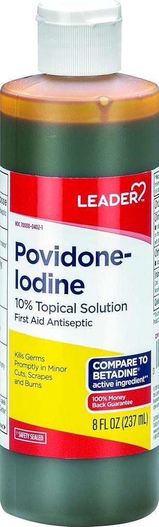 Leader Povidone Iodine 10% Prep Solution USP, Erste Hilfe Antiseptic Wound Cleanser, Wound Wash, Antiseptische Seife (8 Fl Oz, Packung 1)