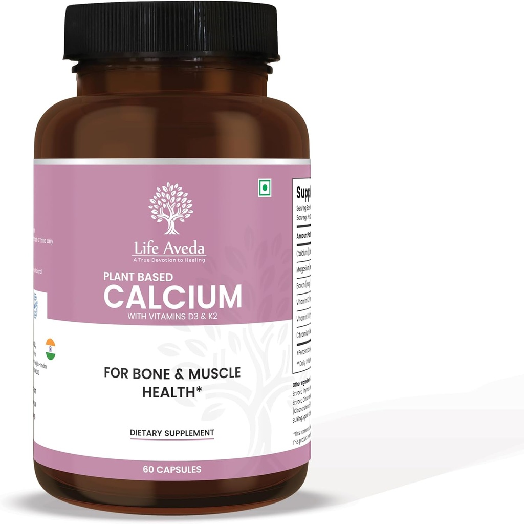 Leben Aveda Pflanzenbasierte Kalziumergänzung mit Vitamin D3, K2 und Magnesium | 500mg | Knochenstärke, Gelenkgesundheit, Zähne & Muskelfunktion | 60 Veg Kapseln | 3X Kalziumabsorption für Männer & Frauen