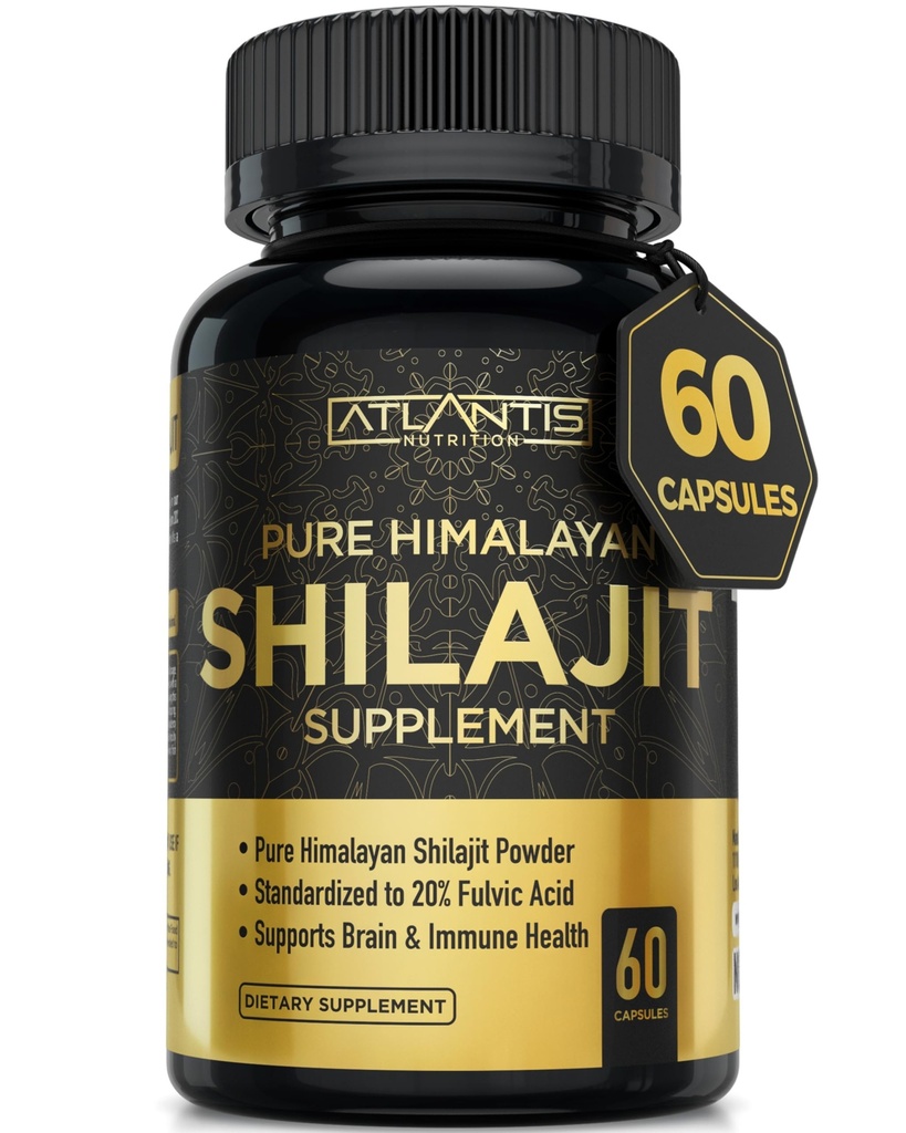 Atlantis Nutrition Himalayan Shilajit Kapseln Formuliert mit 20% Fulvic Säure | 10:1 Extrakt Bereitstellung 10.000 mg D.H.E. | USA Made | Himalayan Shilajit Ergänzung für Männer & Frauen | 60 Kapseln