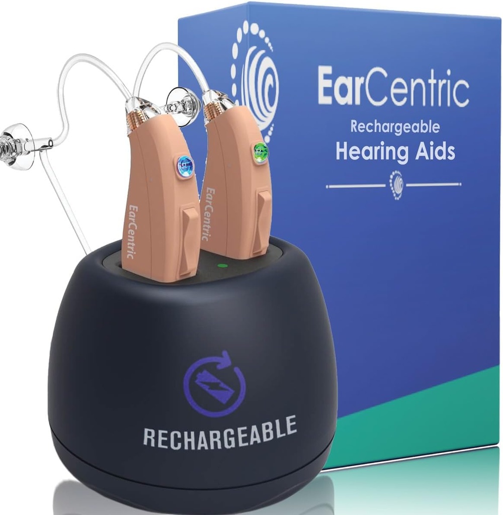 EarCentric EasyCharge Aides auditives rechargeables (Pair) pour les aînés, Behind-The-Ear BTE Ear Aid PSAP numérique Produits d'amplification sonore personnels avec annulation de bruit (Beige)