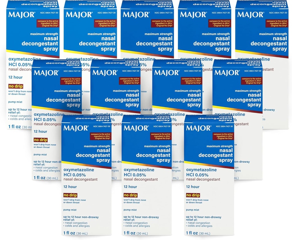 MAJOR Maximum Strength Nasal Decongestant Spray, Oxymetazoline HCl 0.05% Pump Mist, Non-Drowsy Nasal Spray, up to 12-Hour Relief from Nasal Congestion, Colds, and Allergies 1 Fl. Oz. (12-Pack)